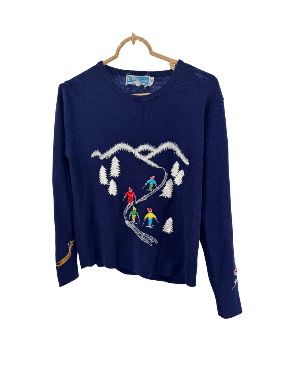LeRoy Navy embroidered vintage Ski Scene Crewneck Sweater L metallic snow winter